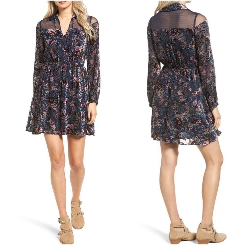Moon River Navy Velvet Floral and Mesh Long Sleeve Mini Dress